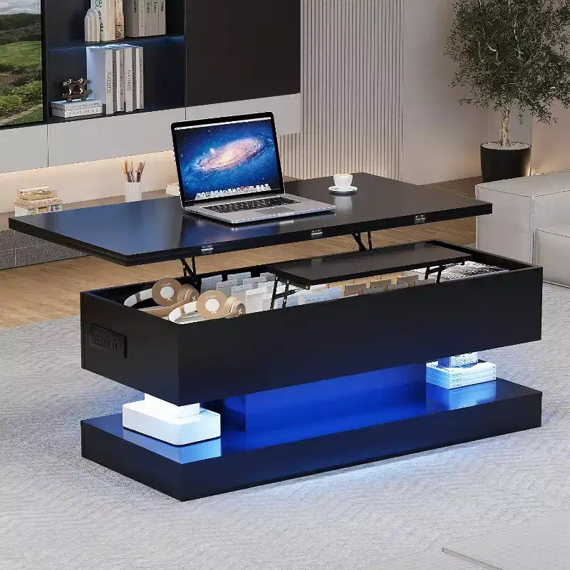 47-Inch Lift Top Coffee Table with Hidden Storage – Modern Black, MDF & Particle Board