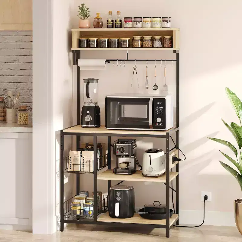 Bestier 65 Bakers Rack with Power Outlets, 5-Tier Kitchen Storage Shelves, Microwave Stand with 2 Wire Basket & 10 Hooks