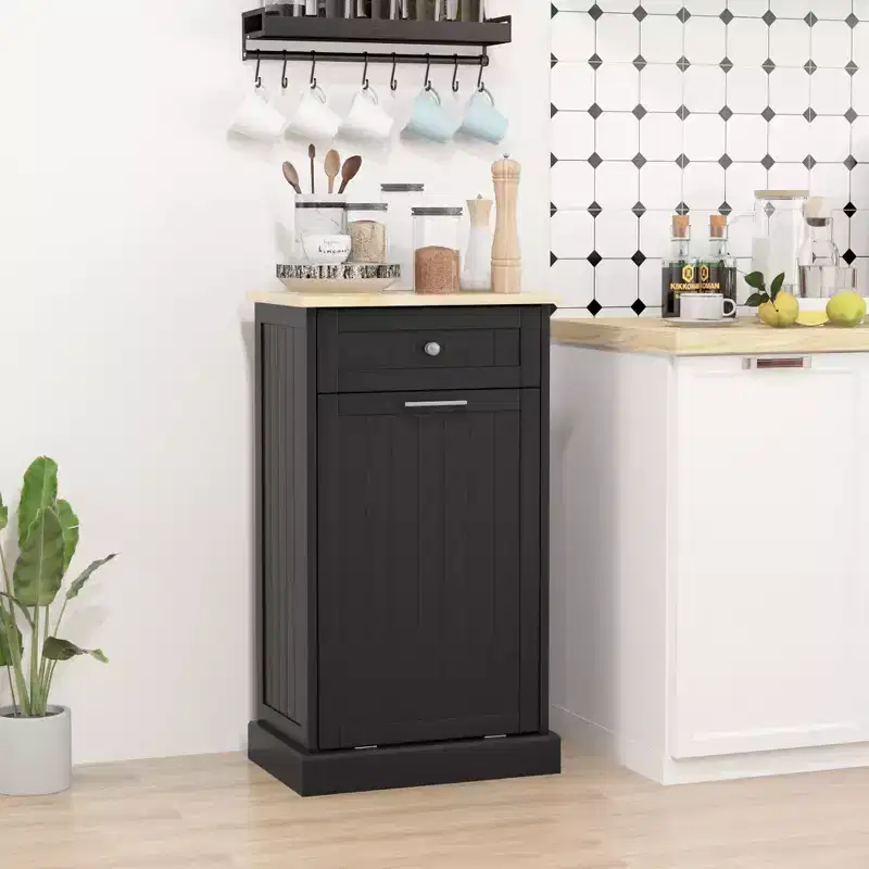 HOMCOM Kitchen Tilt Out Trash Bin Cabinet Free Standing Recycling Cabinet Trash Can Holder With Drawer