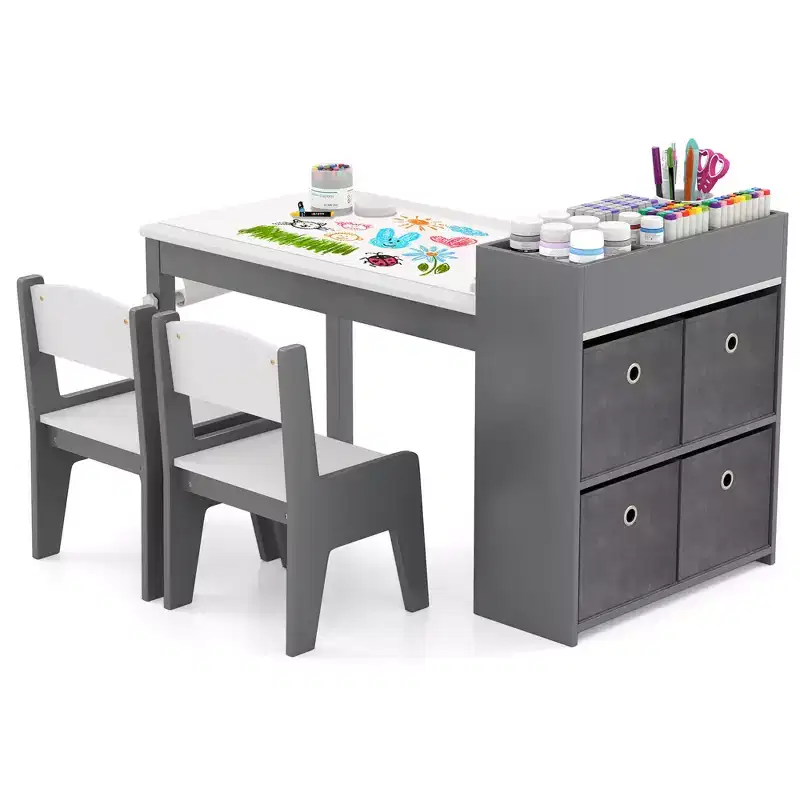 Costway Kids Art Table & Chairs Set with Paper Roll Wooden Craft Study Desk Active Play Gray/Natural
