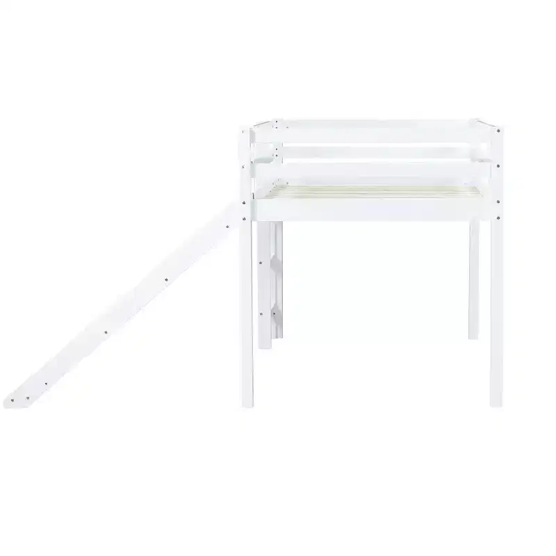 Twin Low Loft Bed with Slide, Ladder & Safety Guardrails, Solid Wood, White