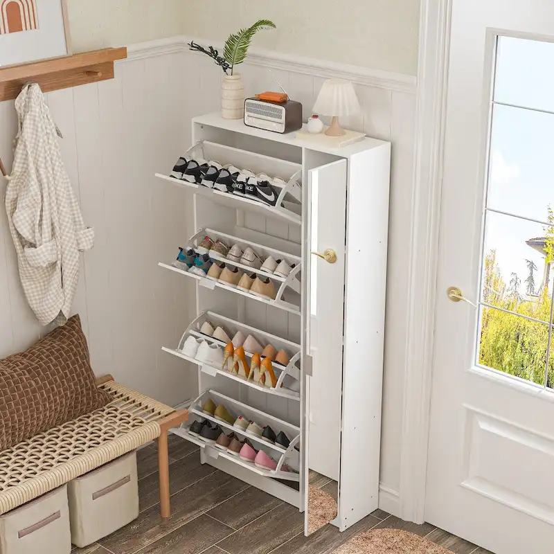 Shoe Organizer w/Mirror Elegant Space Enhancer Entryways Shoe Cabinet