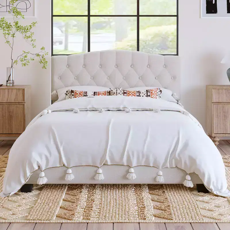 Full/Queen/King Size Upholstered Platform Bed with Saddle Curved Adjustable Headboard and Diamond Tufted, Wooden Bedframe for Bedroom