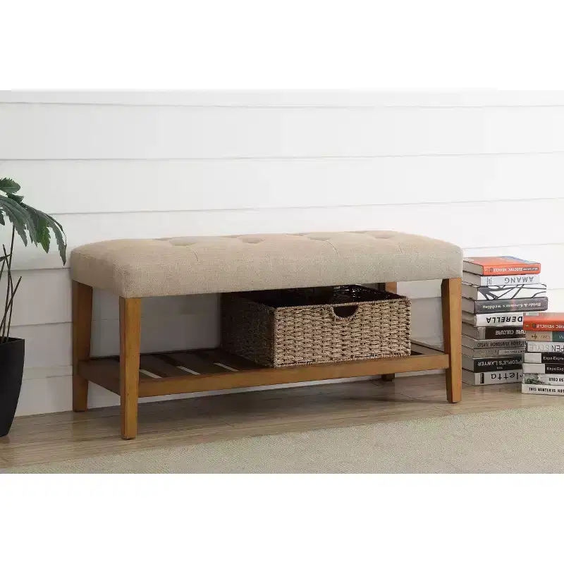 Tufted Upholstered Bench with Nailhead Trim and Oak Legs – Beige