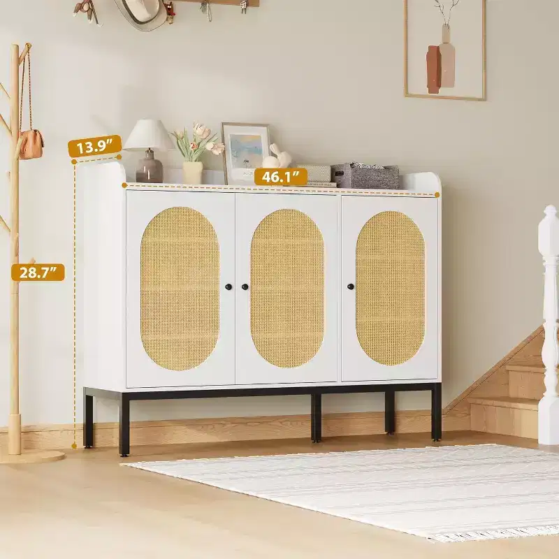 3-Door Shoe Storage Cabinet with Rattan Panels and Adjustable Shelves
