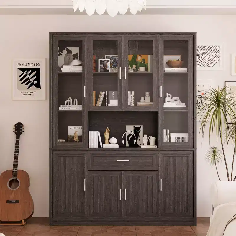 Famapy Kitchen Pantry Cabinet with Tempered Glass Doors,Glass Sideboard Buffet Table,Kitchen & Dining Room Storage Hub