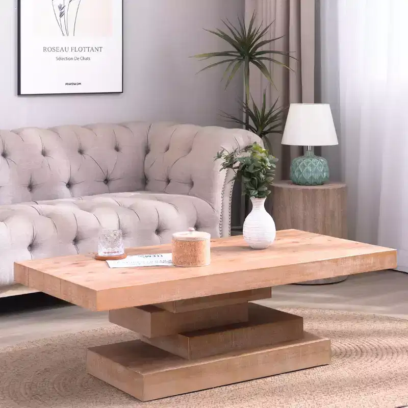 GDFStudio Halston Modern Rustic Rectangular Wood Coffee Table with Block Base