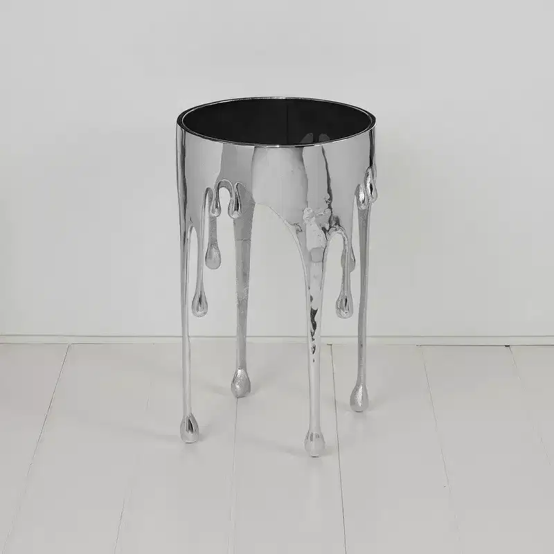 Royal Hampton Side End Table | 24.75 Inch Round Glass Top | Melting Drip Design | Silver