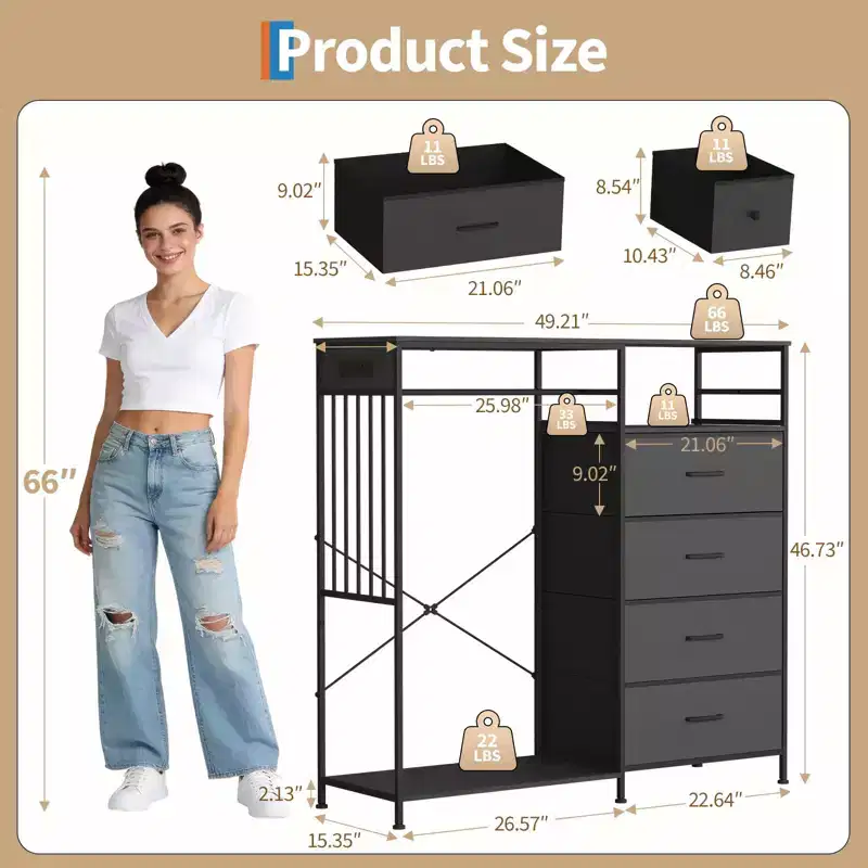 6-Drawer Dresser with Hanging Rack, Charging Station, LED Lights & Shoe Rack, 49.2