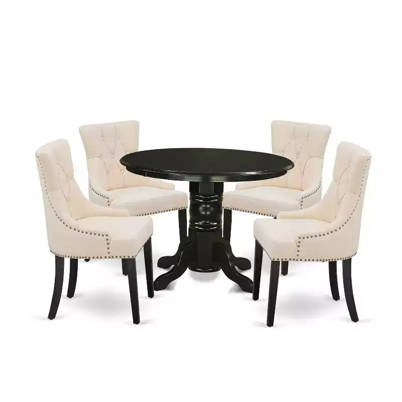 Black Round Dining Set with Beige Linen Chairs, Seats 4, 5-Piece