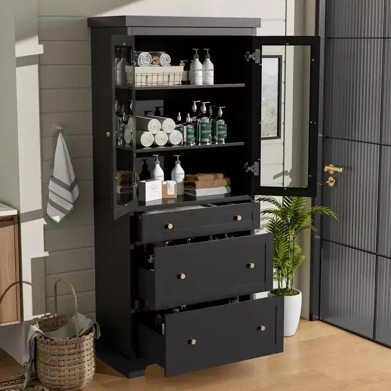 70.1H Modern Freestanding Bathroom Cabinet with 3 Drawers & Adjustable Shelves, Soft Close Glass Doors, for Multi-Room Storage - ModernLuxe