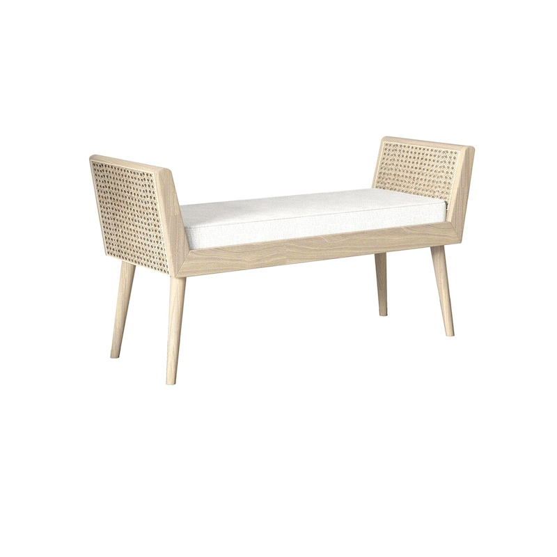 Aderyn Mid-Century Padded Bench with Raised Rattan Arms