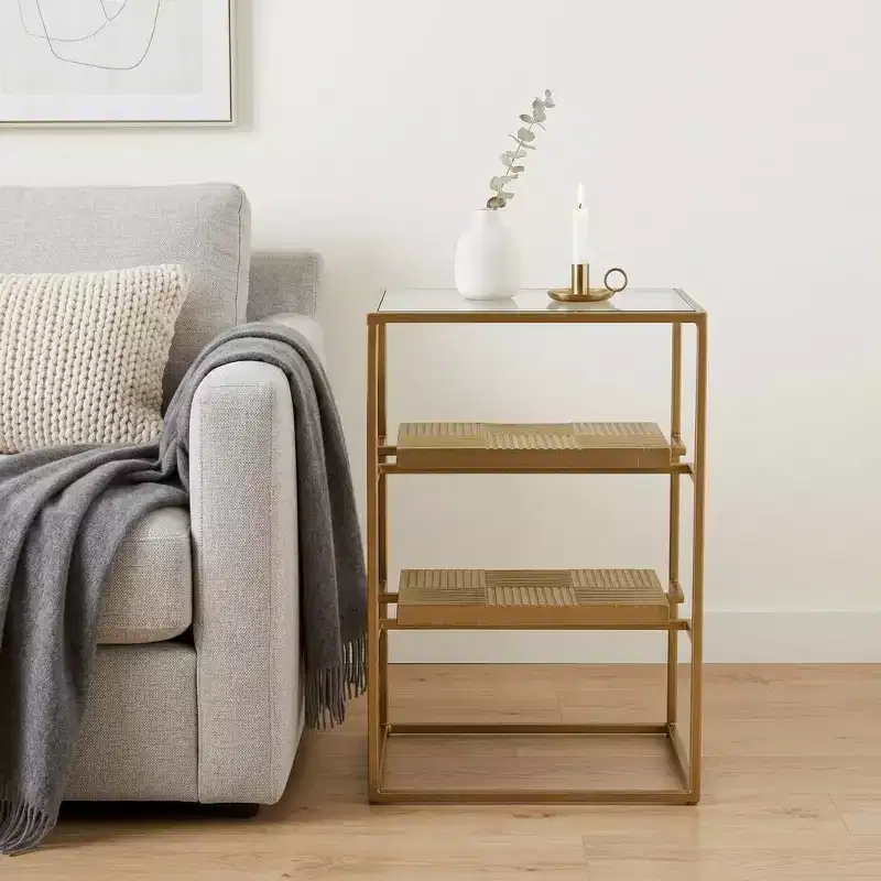 24 Brass Glass And Iron Rectangular End Table With Two Shelves