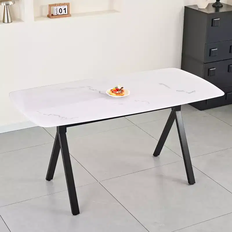 GDFStudio Daniela Modern Tempered Glass Rectangular Dining Table with Marble Design and Metal Legs