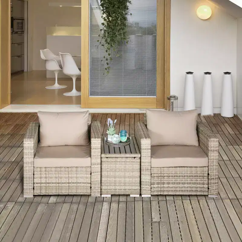 Outsunny 3 Piece Patio Furniture Set, PE Rattan Small Wicker Balcony Furniture, Table & Chairs with Cushions Composite Table for Apartment, Gray