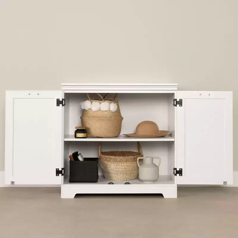 2-Door Farmhouse Storage Cabinet in Pure White with Adjustable Shelf and Metal Handles