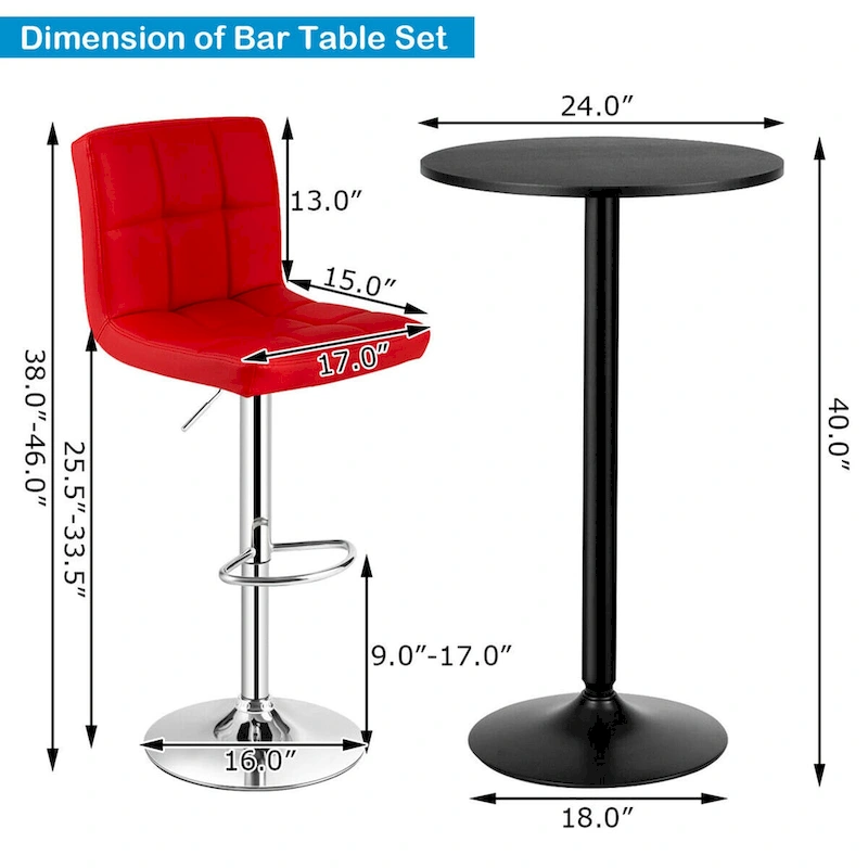Gymax 3PCS Pub Table Set 24 Round Bar Table & 2 Adjustable Bar