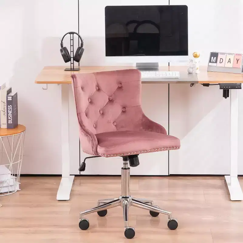 Velvet Office Chair - Modern Upholstered Desk Chair with Adjustable Height, Tilting Mechanism, and Rolling Wheels - Pink