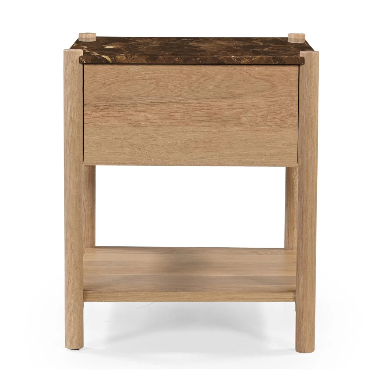 Transitional Emperador Marble & Solid Oak Nightstand with Dark Stone Top for Bedroom