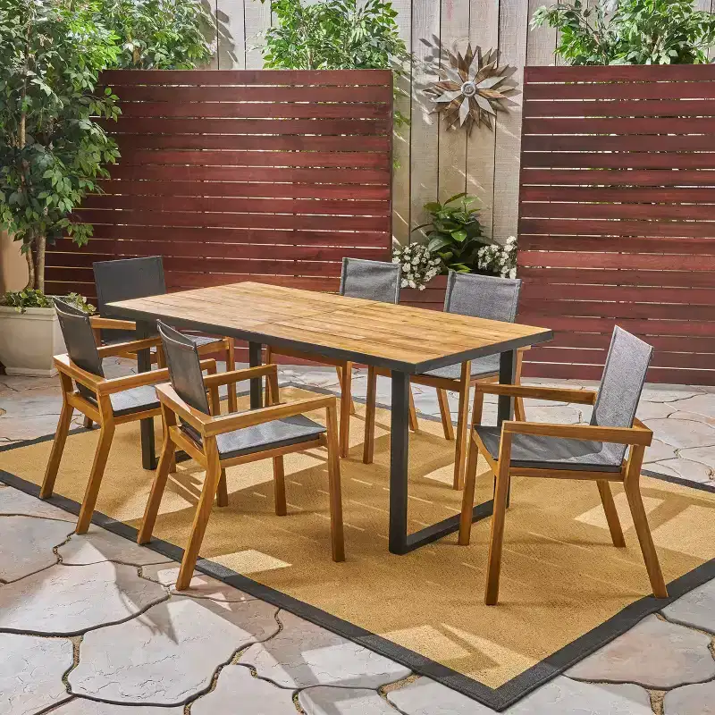 Christopher Knight Home Castano Outdoor Mesh and Acacia Wood 7-Piece Dining Set, Teak/Black