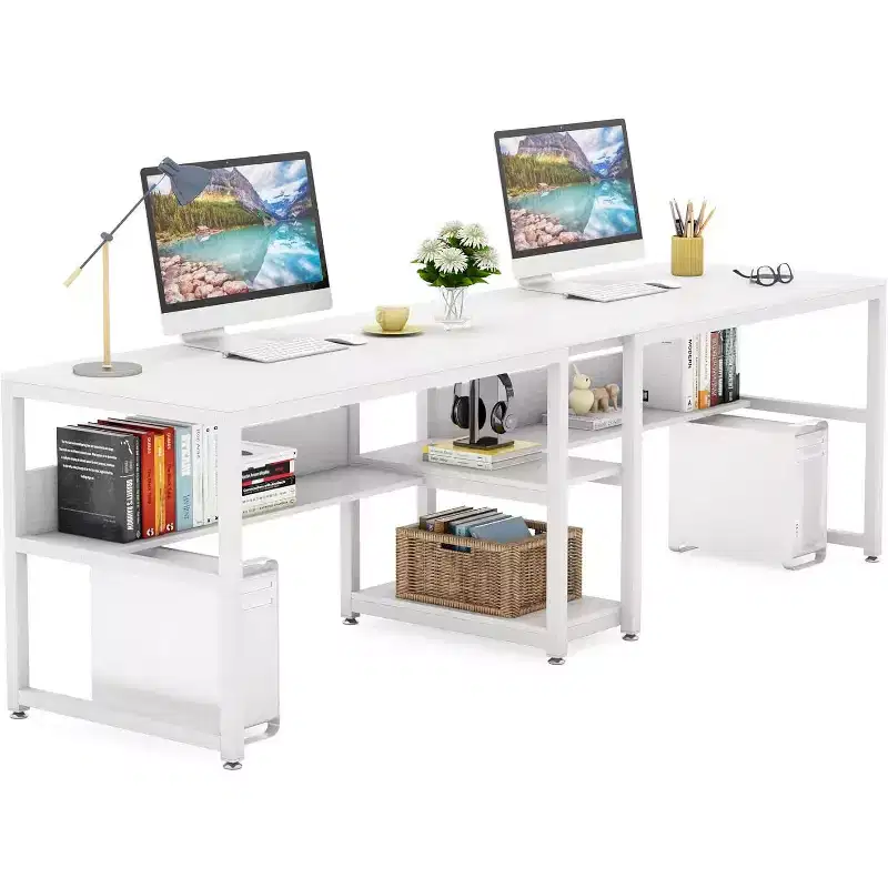 Lantine Two Person Desk with Bookshelf, 78.7 Computer Office Double Desk, Writing Desk Workstation with Shelf for Home Office