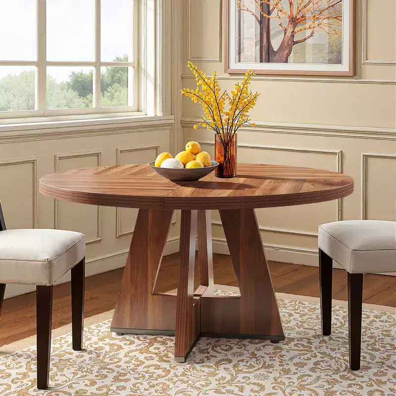 MAYEERTY 47 Inch Round Farmhouse Dining Table, 4 Seater Rustic Kitchen Table with Metal Frame & MDF Top