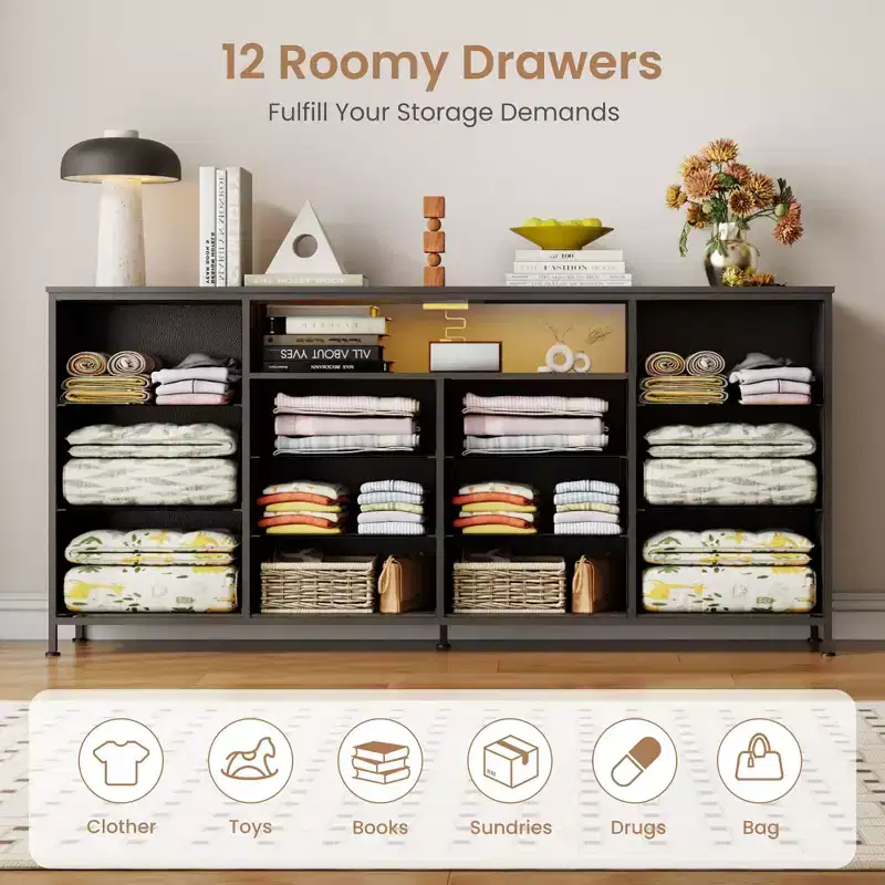 63 TV Stand for up to 75 Inch TV - Fabric Chest of Drawers with Charging Station, LED Lights, Open Shelves, 12 Drawer Dresser
