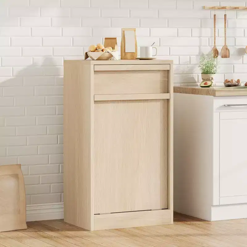 Single Tilt Out Trash Cabinet, Natural Oak Trash Cabinet with 10 Gallon Storage & 1 Drawer, Hidden Garbage Cabinet Laundry Hamper