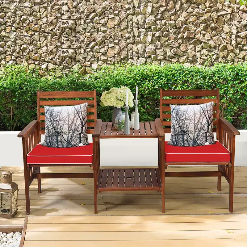 Costway Patio Loveseat Conversation Set Acacia Wood Chair Coffee Table Cushioned White\ Red