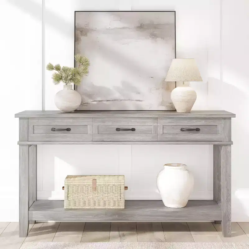 Farmhouse Console Table with 3 Drawers, 54 Wood Entryway Sofa Table with Storage Shelves for Living Room, Hallway, or Foyer