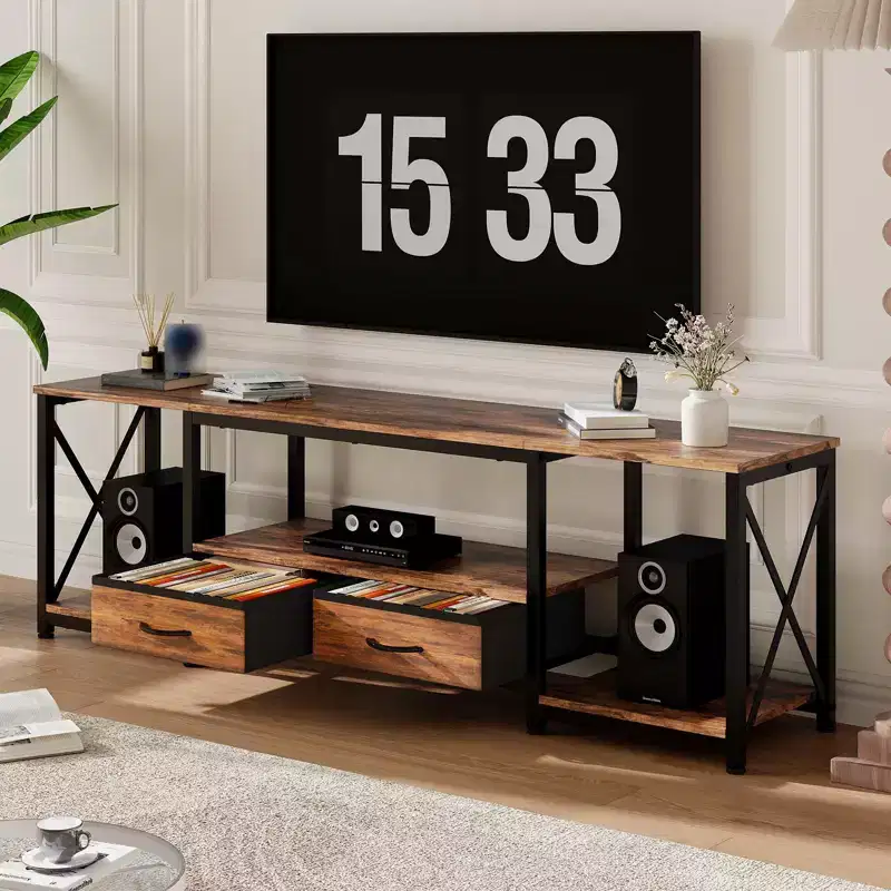 Modern TV Stand with 2 Fabric Drawers, Wooden Entertainment Center for TVs up to 75, Media Console Table with Open Shelves for Living Room Bedroom