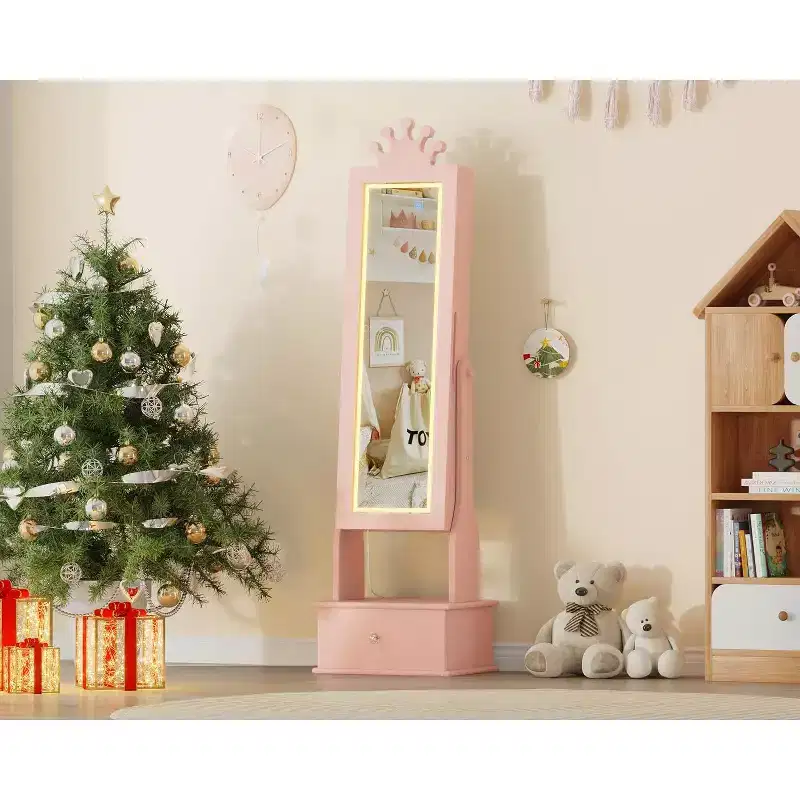Kids Jewelry Armoire, Freestanding Vanity Full-Length Mirror & 3 Storage Drawers for Girls