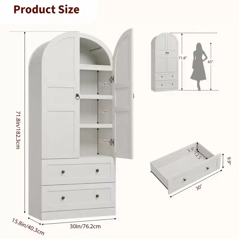 71 High Arched Bookcase, Wooden Arched Bookshelf With Doors and Drawers, Large Arched Display Bookcase With Storage, Suitable for Office Living Room