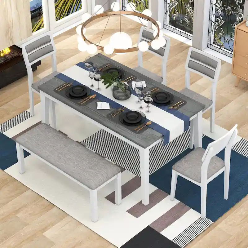 6-Piece Wooden Dining Table Set with 4 Chairs & Bench