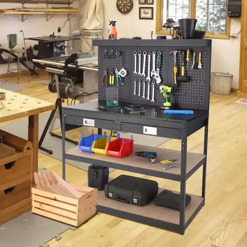 3-Tier Metal Workbench with 2 Drawers, 1000 LBS Capacity - Workshop Workstation with Pegboard & ETL-Certified Power Outlets