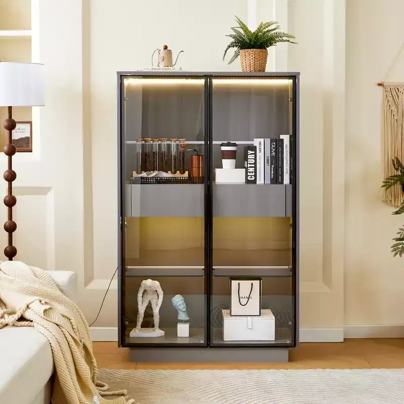 Lighted Display Cabinet LED Curio Cabinet Storage Cabinet with Tempered Glass Door, 2 Drawers, Adjustable Shelves, Modern Minimalist, Gray-ModernLuxe