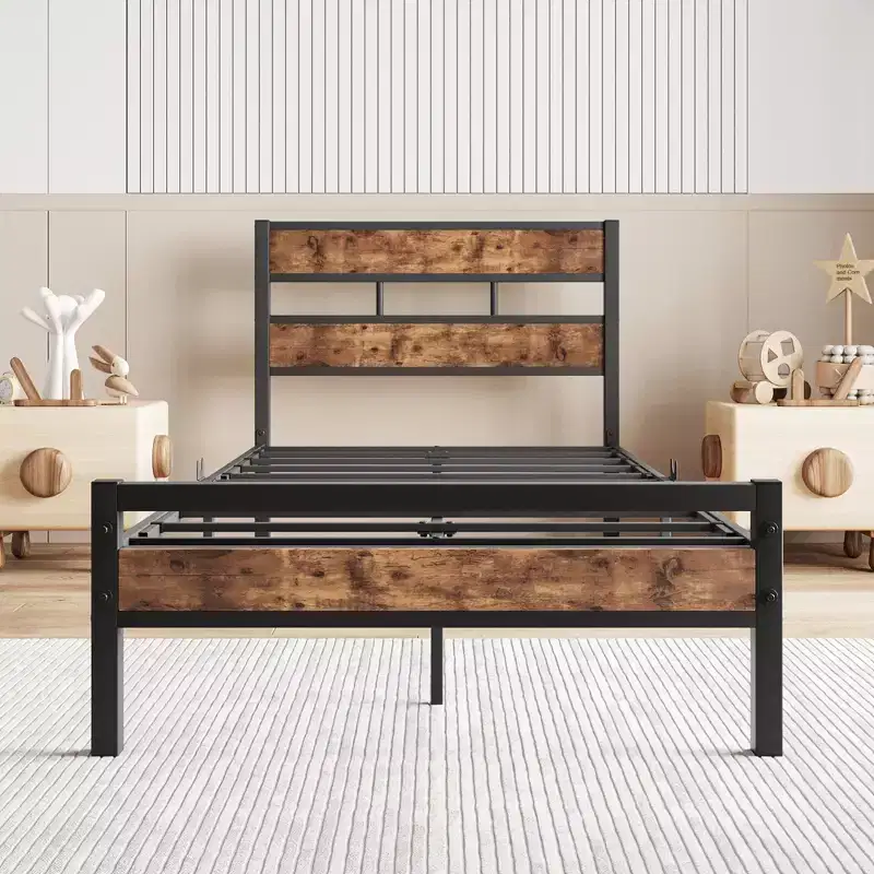 CLIHOME Platform Bed Frame with Rustic Vintage Wood Headboard, Strong Metal Slats Support, No Box Spring Needed