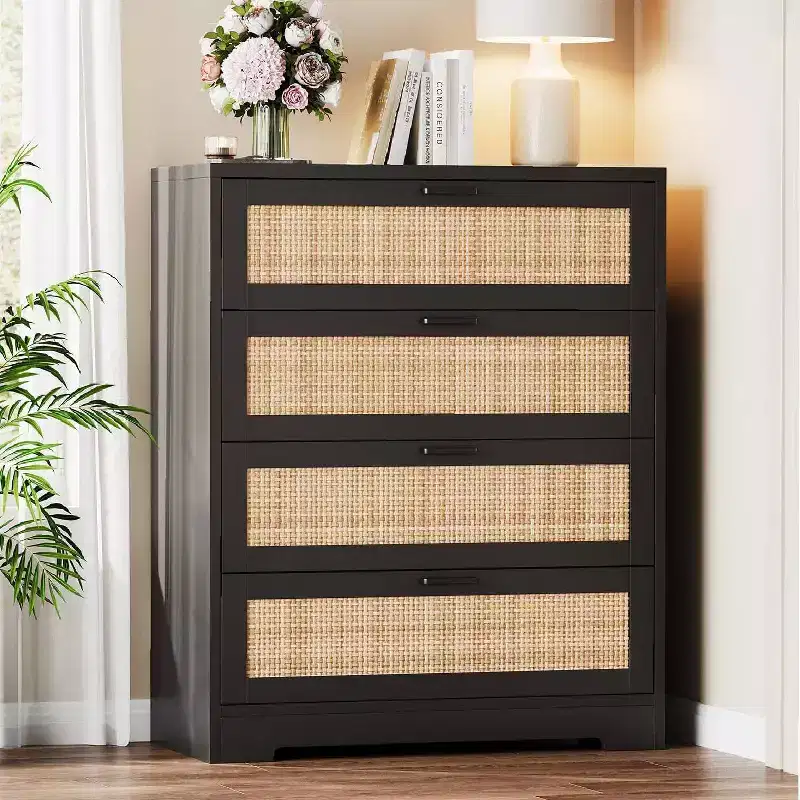 Zstar Modern Tall Rattan 4 Drawer Dresser or Living Room, Hallway, Entryway, Bedroom