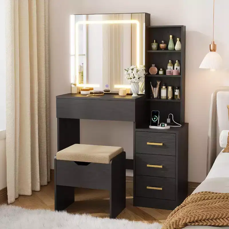 Makeup Vanity Desk with Sliding Mirror, Vanity Dressing Table with 3 Color Adjustable Lights, 4 Compact Vanity Drawers, Power Outlet, Black