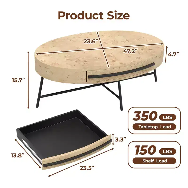 GustoWave 47.2 Coffee Table with Storage, Oval Center Table for Living Room