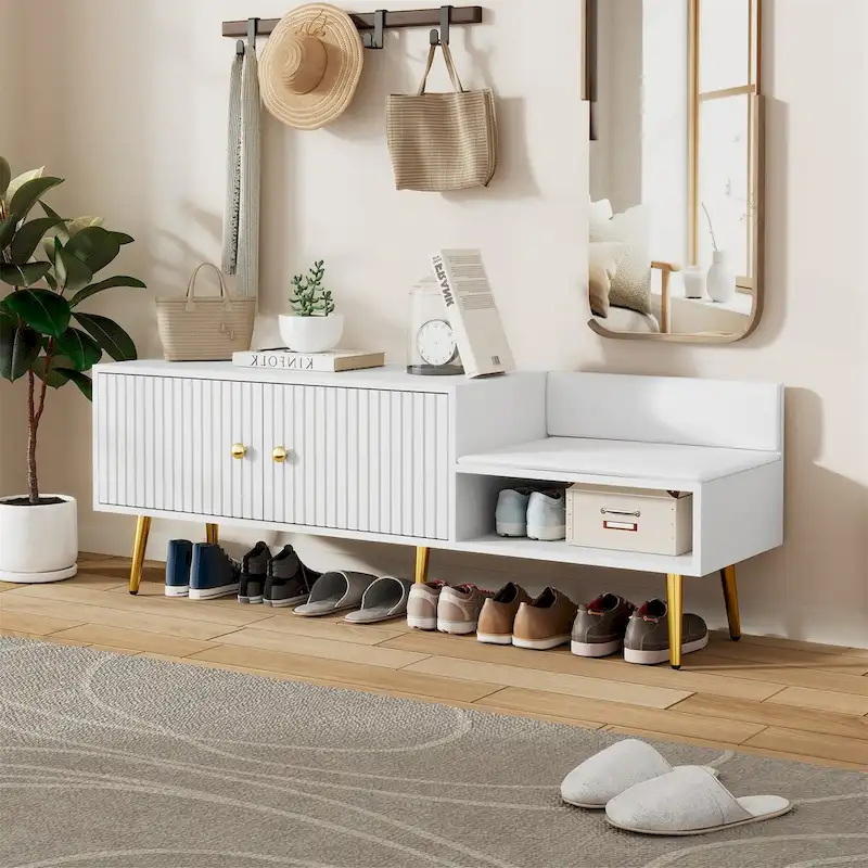 Modern Shoe Storage Bench with Hidden Storage and Upholstered Cushions