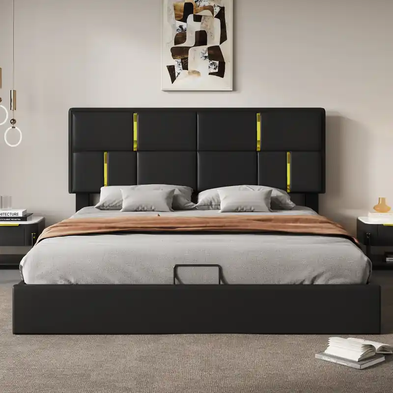 Upholstered Platform Bed With Hydraulic Storage And Velvet Frame,queen Size,black Queen Bed