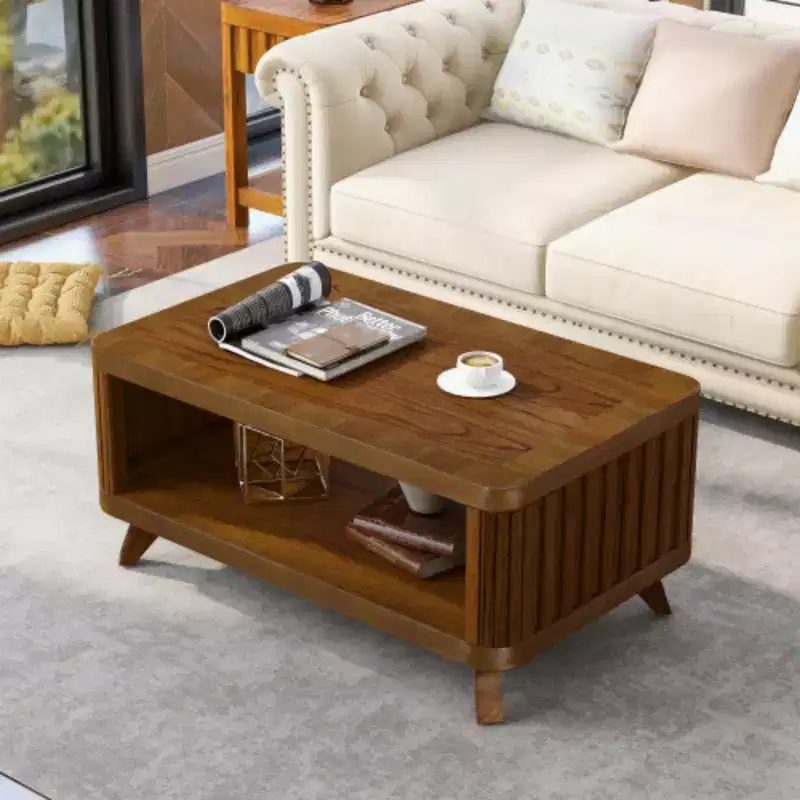 Rectangular Wood Coffee Table for Living Room, 41.5-Inch Coffee Table with Solid Wood Legs, Wood Center Table Tea Table with Open Storage Shelf