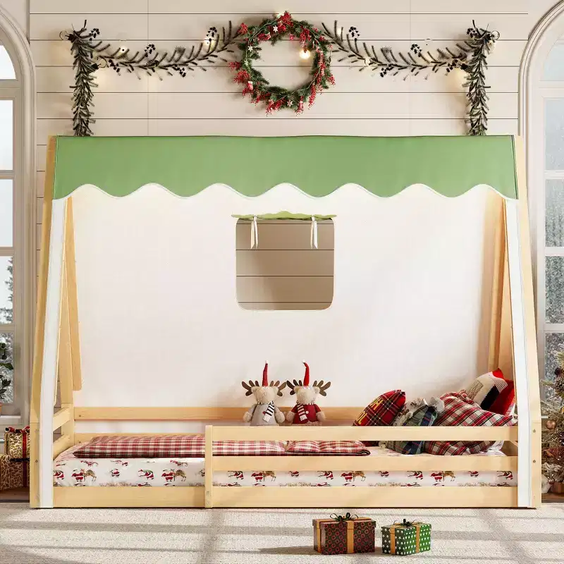 Natural/White+Pink House-Shaped Floor Canopy Bed with Tent & Light, Solid Wood, Twin/Full, 1-Person