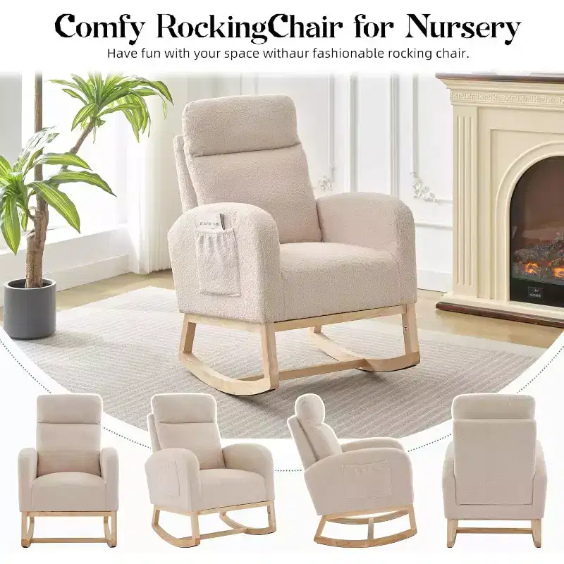 Rocking Chair with Foot Rest, Nursery Rocking Chairs with High Back, Glider Rocking Chair with Pocket, Nursing Chair Accent Living Room