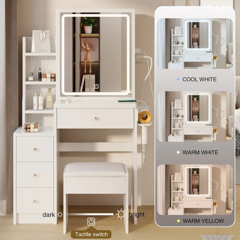 Left Cabinet Makeup Vanity with LED Mirror and USB Power Station and Cushioned Stool