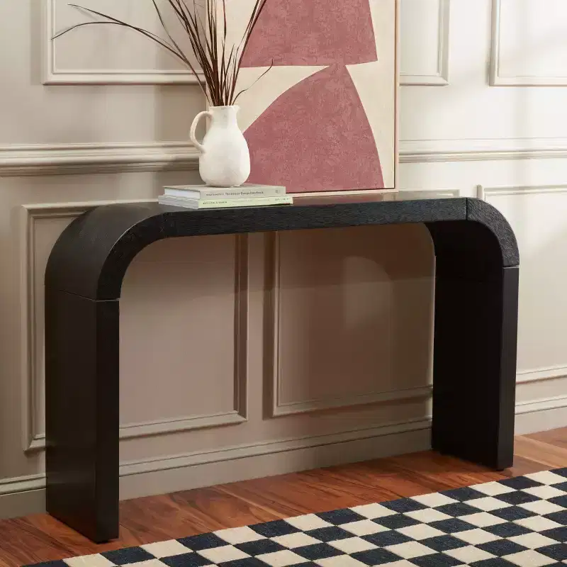 Curved Console Table, Okume Wood Veneer, Bold Curved Edges, Holds 200 lbs, Natural Finish, Indoor