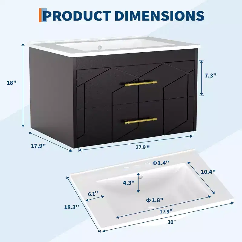 Modern Floating Bathroom Vanity Set with Basin - Wall-Mounted Cabinet with Soft-Close Storage Drawer and Gold Handle, 24 or 30 Size