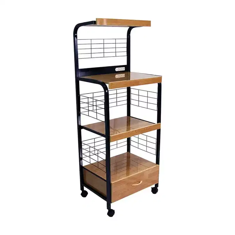 59.5 in Beechwood Microwave Cart for Kitchen with 4 Shelves and 2 Electrical Outlets