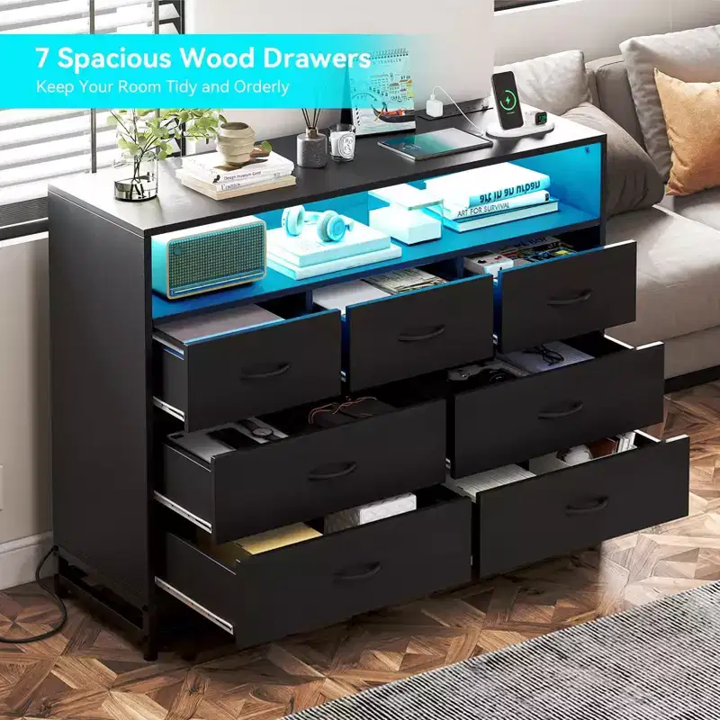 Dresser for Bedroom, 7-Drawer Black Wooden Dresser TV Stand with Charging Station & Lights, Modern Large Capacity Storage